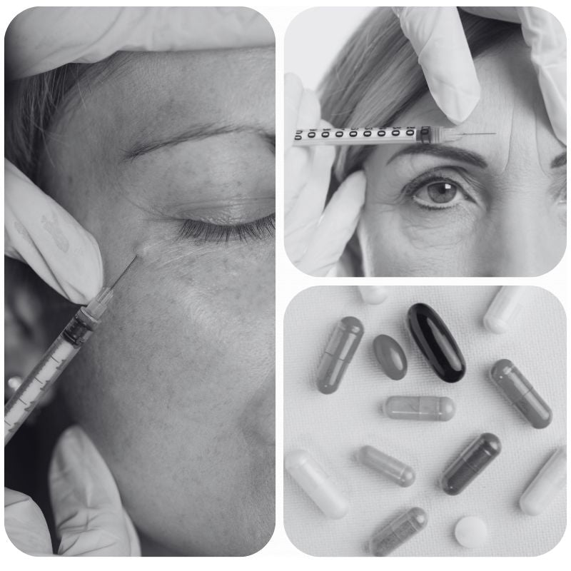 Three-panel collage: close-ups of cosmetic injections at the eye and forehead, and a pile of assorted capsules and pills.