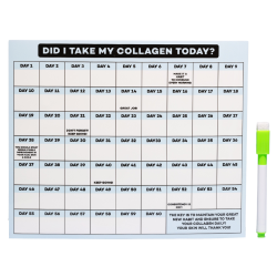 DID I TAKE MY COLLAGEN TODAY? check-off calendar showing Days 1–35 in grid with green dry-erase marker.