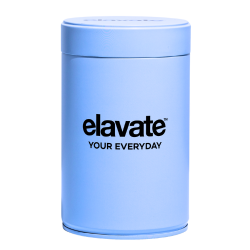 Light blue cylindrical canister with 'elavate' and 'YOUR EVERYDAY' logo