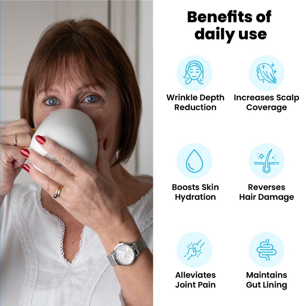 Older woman drinking from a mug; right panel titled "Benefits of daily use" lists Wrinkle Depth Reduction, Increases Scalp Coverage, Boosts Skin Hydration, Reverses Hair Damage, Alleviates Joint Pain, Maintains Gut Lining