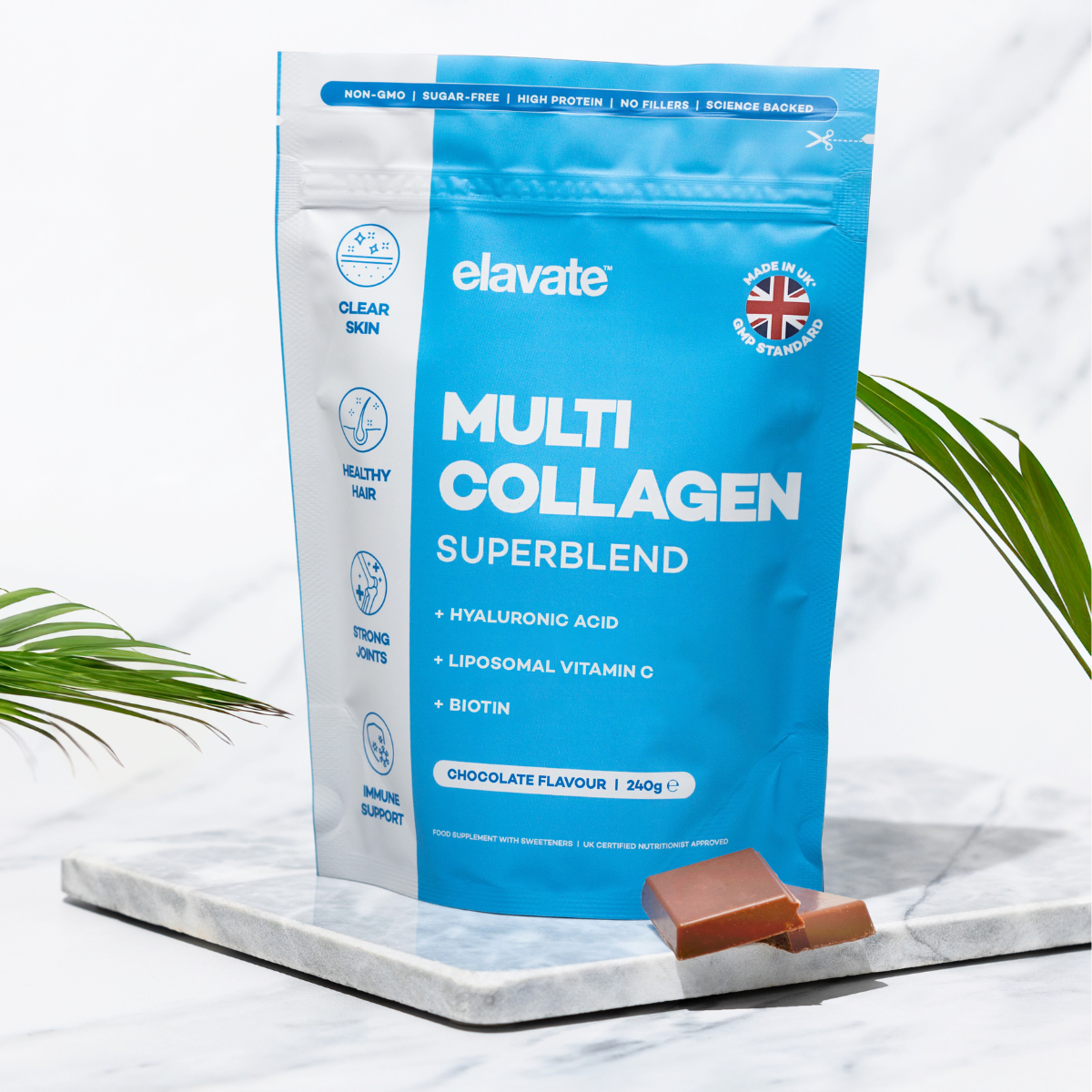 elavate Multi Collagen Superblend pouch, chocolate flavour — lists hyaluronic acid, liposomal vitamin C and biotin.