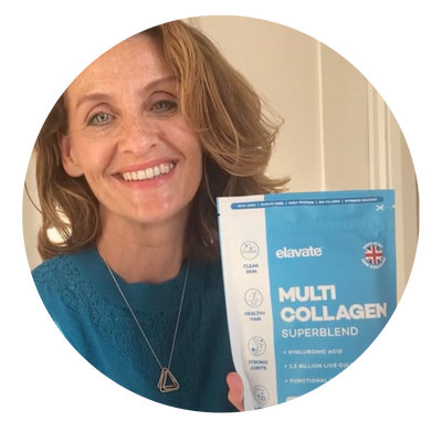 Woman holding Elavate MULTI COLLAGEN SUPERBLEND pouch; also shows HYALURONIC ACID