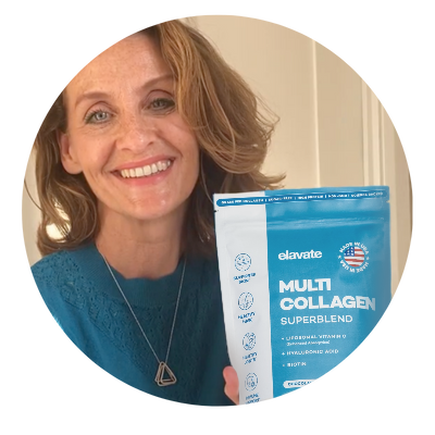 Smiling woman holding a blue pouch labeled 'elavate MULTI COLLAGEN SUPERBLEND'