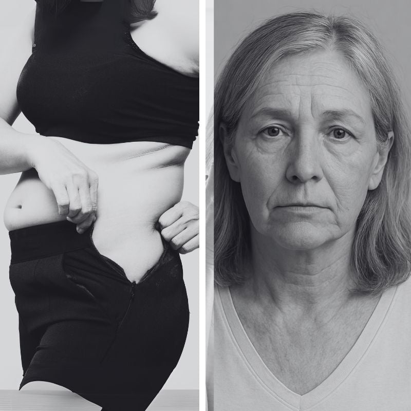 Left: woman pinching abdominal fat while pulling down her waistband; right: older woman portrait with neutral expression