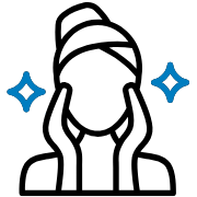 Black user silhouette with two blue sparkle icons at upper left and right