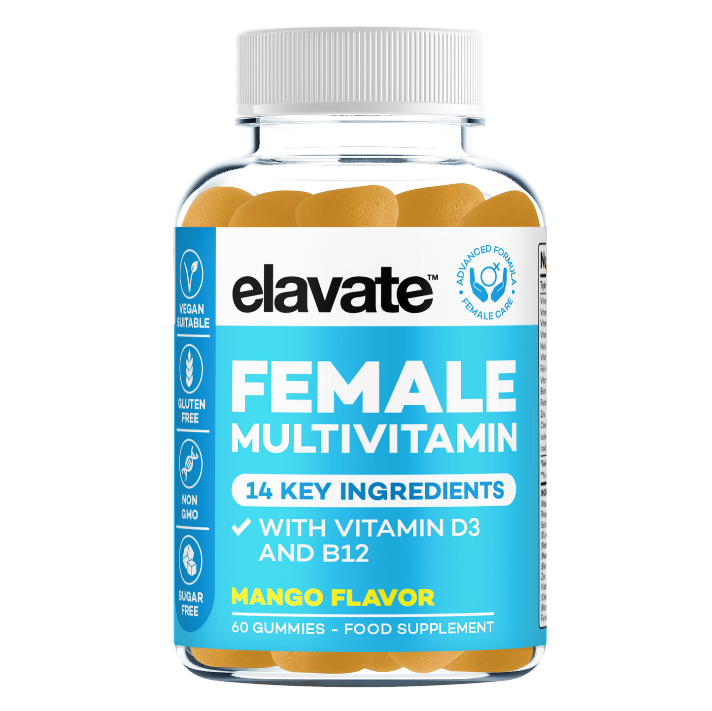 elavate FEMALE MULTIVITAMIN, MANGO FLAVOR, 60 GUMMIES, with VITAMIN D3 AND B12