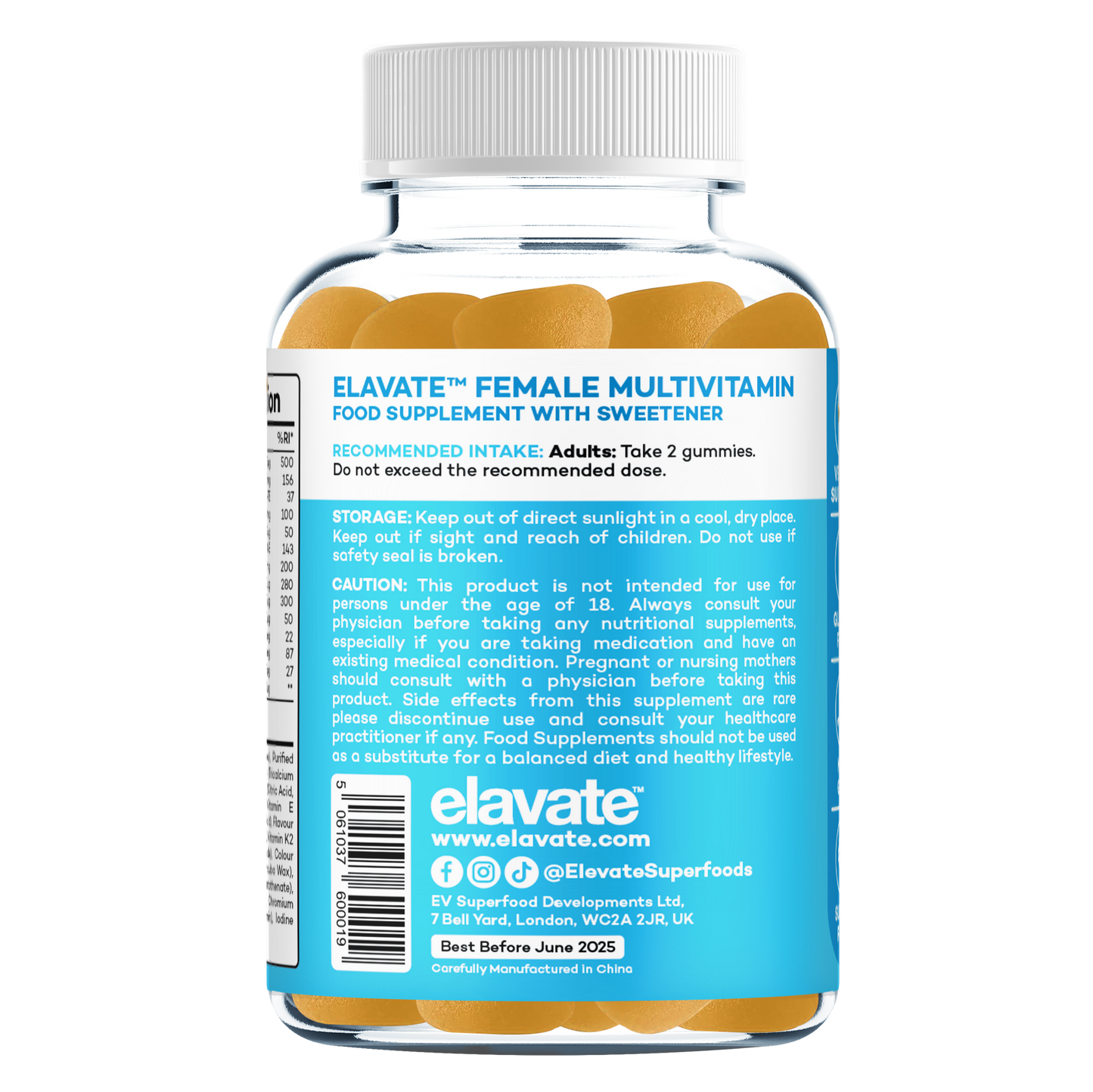 Elavate female multivitamin gummy bottle back label: recommended intake, storage, caution text, elavate logo and website