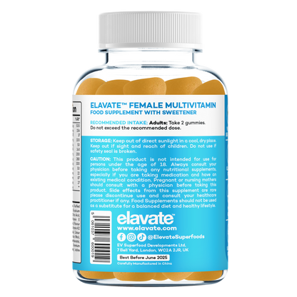 Elavate female multivitamin gummy bottle back label: recommended intake, storage, caution text, elavate logo and website