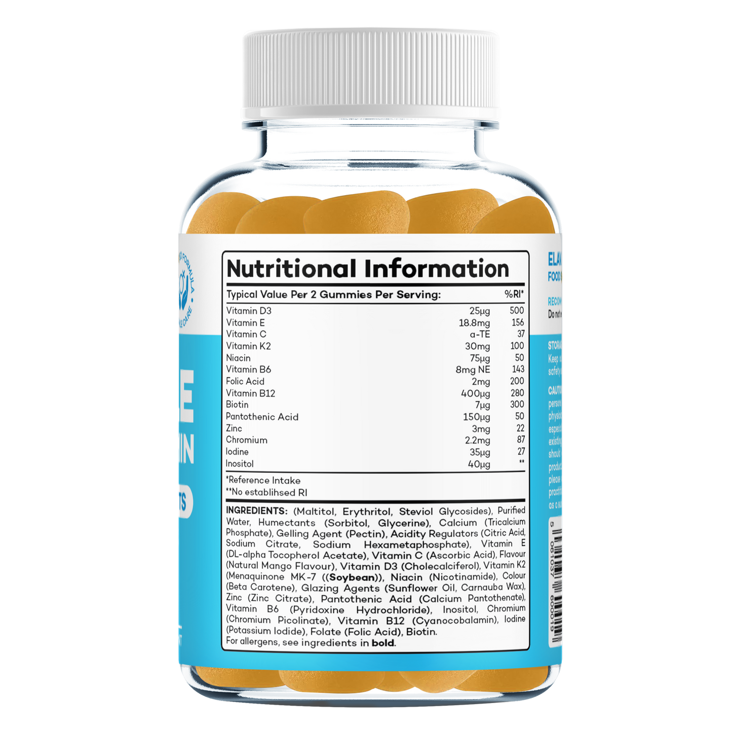 Back label of female multivitamin gummy bottle showing 'Nutritional Information' table and ingredients list.