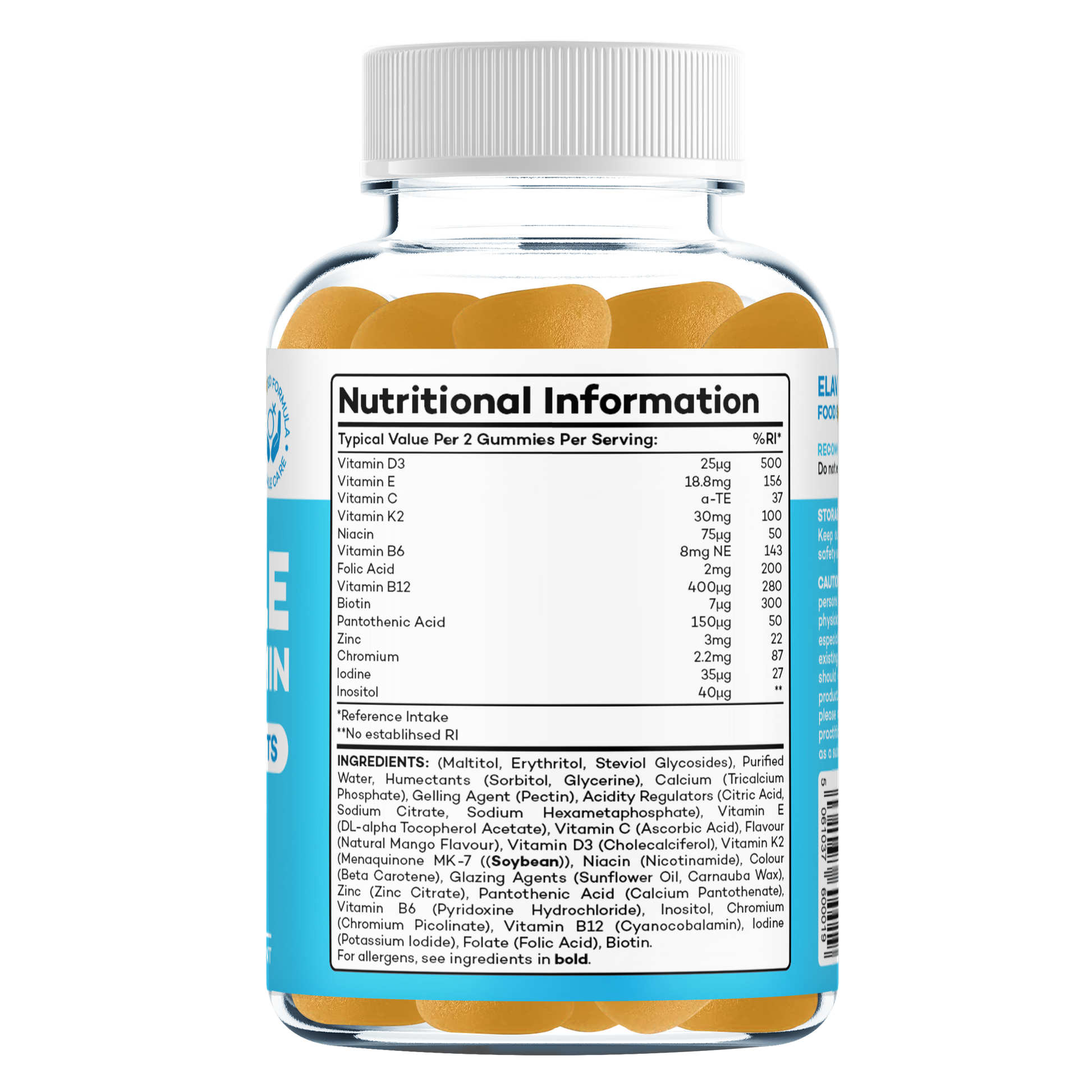 Back label of female multivitamin gummy bottle showing 'Nutritional Information' table and ingredients list.