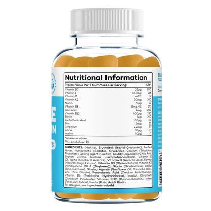 Nutritional information and ingredients label on a clear bottle of female multivitamin gummies