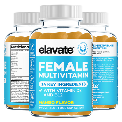 elavate female multivitamin mango flavor 60 gummies with vitamin D3 and B12 vegan gluten free non GMO sugar