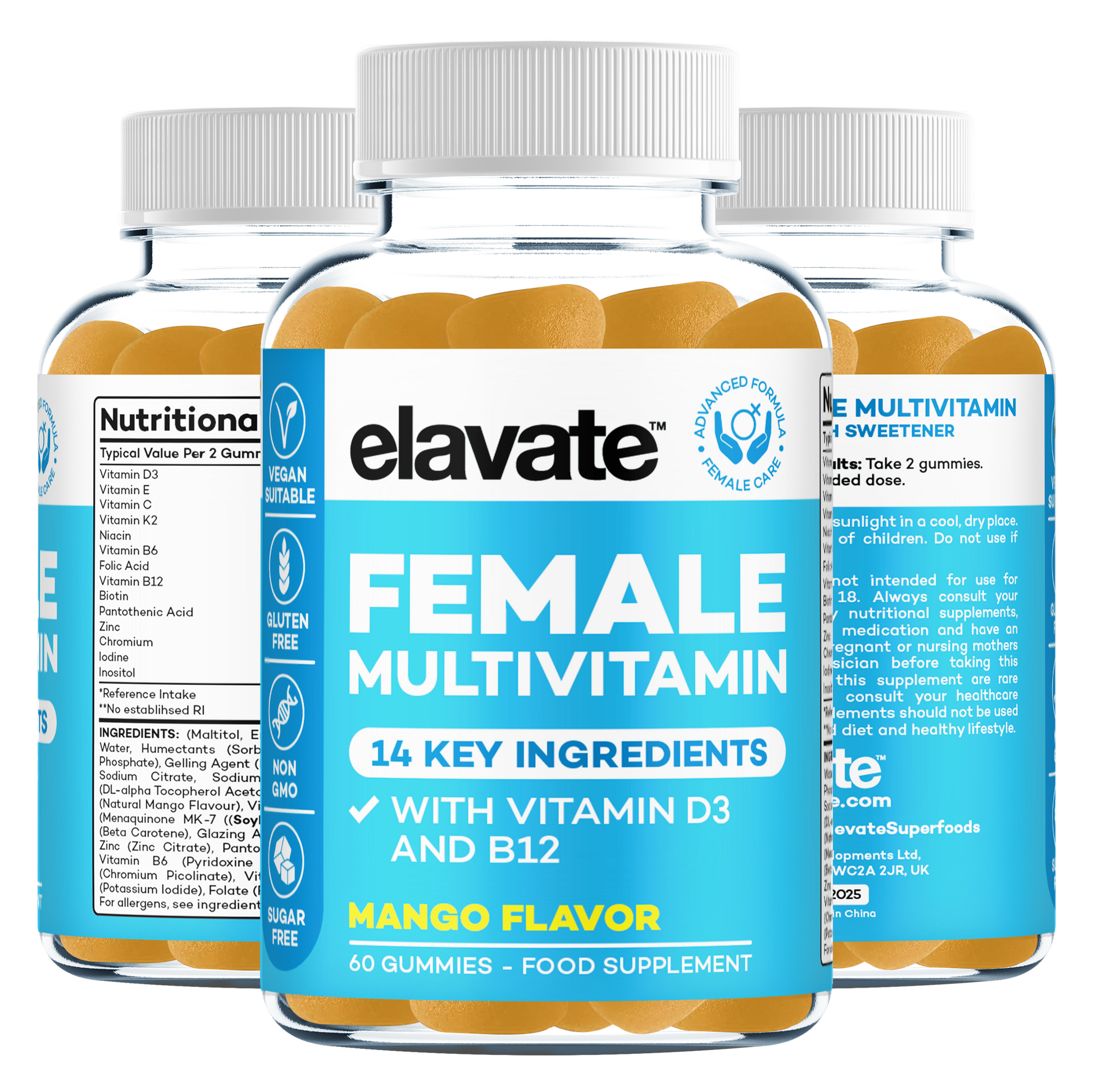 Three jars of Elavate Female Multivitamin gummies, mango flavor; label: 14 key ingredients, vitamin D3 and B12.