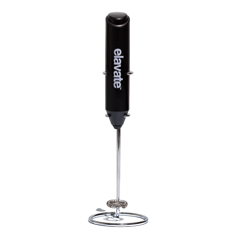 Black handheld milk frother with stainless-steel whisk, handle labeled elavate™.