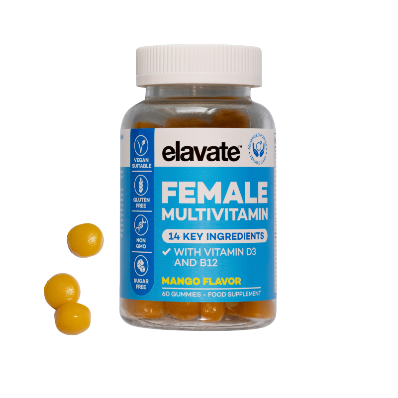 Elavate Female Multivitamin bottle, mango gummy vitamins; label: 14 key ingredients, vitamin D3 & B12, 60 gummies; vegan, gluten-free.