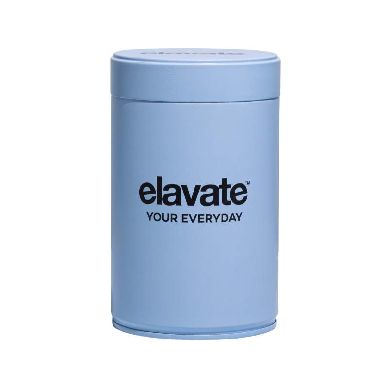 Light blue cylindrical container labeled 'elavate YOUR EVERYDAY'.