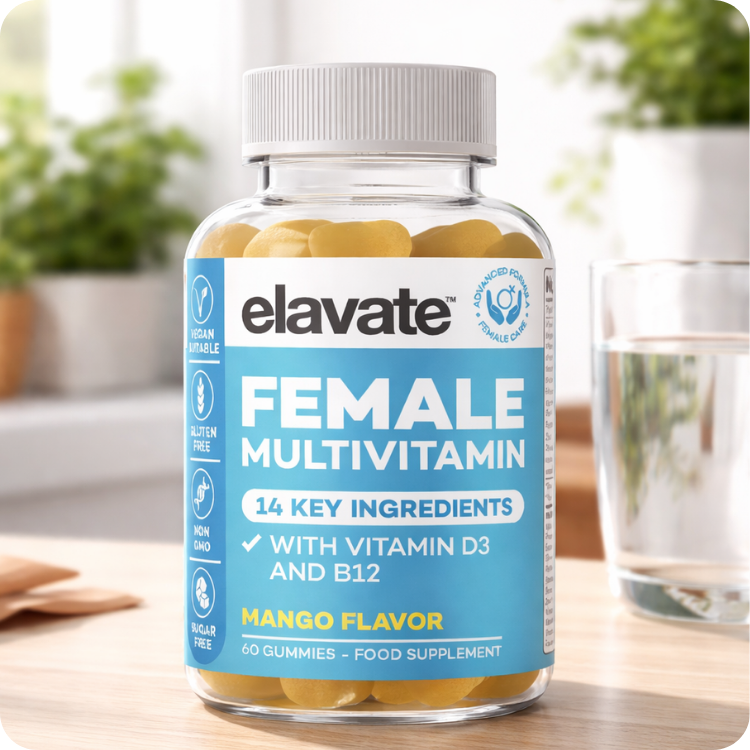 Elavate Female Multivitamin mango-flavored gummy bottle, clear jar with blue label showing 60 gummies and vitamin D3/B12