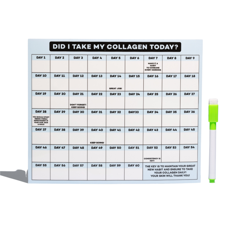 Dry-erase 60-day collagen tracker titled 'DID I TAKE MY COLLAGEN TODAY?' with numbered day boxes and green marker.